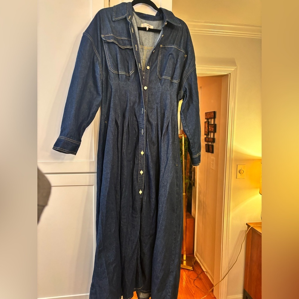 new Frame Denim nipped pleated maxi dress in indigo dark wash denim - Picture 6 of 9
